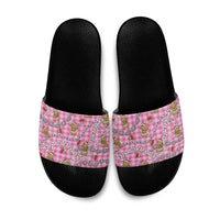 Pink Palaka Hawaii Mele Kalikimaka Slide Sandals Ohia Lehua Shell Leis Funny Gingerbread Santa - Polynesian Pride