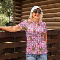Pink Palaka Hawaii Mele Kalikimaka Women Polo Shirt Ohia Lehua Shell Leis Funny Gingerbread Santa LT14 - Polynesian Pride