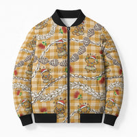Gold Palaka Hawaii Mele Kalikimaka Bomber Puffer Jacket Ohia Lehua Shell Leis Funny Gingerbread Santa - Polynesian Pride