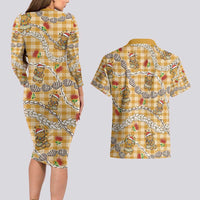 Gold Palaka Hawaii Mele Kalikimaka Couples Matching Long Sleeve Bodycon Dress and Hawaiian Shirt Ohia Lehua Shell Leis Funny Gingerbread Santa LT14 - Polynesian Pride