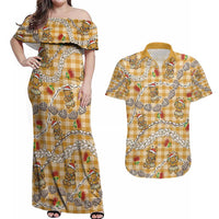 Gold Palaka Hawaii Mele Kalikimaka Couples Matching Off Shoulder Maxi Dress and Hawaiian Shirt Ohia Lehua Shell Leis Funny Gingerbread Santa LT14 Gold - Polynesian Pride