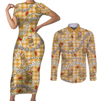 Gold Palaka Hawaii Mele Kalikimaka Couples Matching Short Sleeve Bodycon Dress and Long Sleeve Button Shirt Ohia Lehua Shell Leis Funny Gingerbread Santa - Polynesian Pride