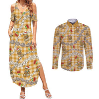 Gold Palaka Hawaii Mele Kalikimaka Couples Matching Summer Maxi Dress and Long Sleeve Button Shirt Ohia Lehua Shell Leis Funny Gingerbread Santa LT14 Gold - Polynesian Pride