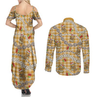 Gold Palaka Hawaii Mele Kalikimaka Couples Matching Summer Maxi Dress and Long Sleeve Button Shirt Ohia Lehua Shell Leis Funny Gingerbread Santa LT14 - Polynesian Pride