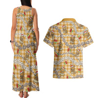 Gold Palaka Hawaii Mele Kalikimaka Couples Matching Tank Maxi Dress and Hawaiian Shirt Ohia Lehua Shell Leis Funny Gingerbread Santa LT14 - Polynesian Pride