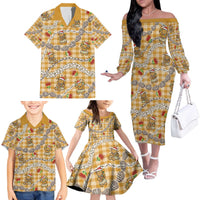 Gold Palaka Hawaii Mele Kalikimaka Family Matching Off The Shoulder Long Sleeve Dress and Hawaiian Shirt Ohia Lehua Shell Leis Funny Gingerbread Santa LT14 - Polynesian Pride