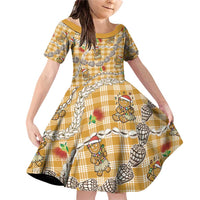Gold Palaka Hawaii Mele Kalikimaka Family Matching Off Shoulder Short Dress and Hawaiian Shirt Ohia Lehua Shell Leis Funny Gingerbread Santa LT14 Daughter's Dress Gold - Polynesian Pride