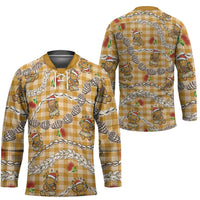 Gold Palaka Hawaii Mele Kalikimaka Hockey Jersey Ohia Lehua Shell Leis Funny Gingerbread Santa - Polynesian Pride