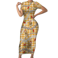 Gold Palaka Hawaii Mele Kalikimaka Short Sleeve Bodycon Dress Ohia Lehua Shell Leis Funny Gingerbread Santa LT14 Long Dress Gold - Polynesian Pride