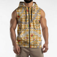 Gold Palaka Hawaii Mele Kalikimaka Sleeveless Zip Hoodie Ohia Lehua Shell Leis Funny Gingerbread Santa - Polynesian Pride