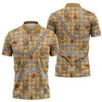 Gold Palaka Hawaii Mele Kalikimaka Zipper Polo Shirt Ohia Lehua Shell Leis Funny Gingerbread Santa - Polynesian Pride