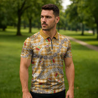 Gold Palaka Hawaii Mele Kalikimaka Zipper Polo Shirt Ohia Lehua Shell Leis Funny Gingerbread Santa - Polynesian Pride