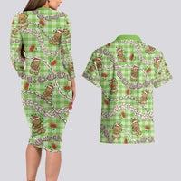 Green Palaka Hawaii Mele Kalikimaka Couples Matching Long Sleeve Bodycon Dress and Hawaiian Shirt Ohia Lehua Shell Leis Funny Gingerbread Santa LT14 - Polynesian Pride