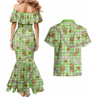 Green Palaka Hawaii Mele Kalikimaka Couples Matching Mermaid Dress and Hawaiian Shirt Ohia Lehua Shell Leis Funny Gingerbread Santa LT14 - Polynesian Pride