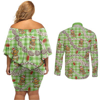 Green Palaka Hawaii Mele Kalikimaka Couples Matching Off Shoulder Short Dress and Long Sleeve Button Shirt Ohia Lehua Shell Leis Funny Gingerbread Santa - Polynesian Pride