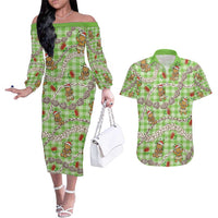 Green Palaka Hawaii Mele Kalikimaka Couples Matching Off The Shoulder Long Sleeve Dress and Hawaiian Shirt Ohia Lehua Shell Leis Funny Gingerbread Santa LT14 Green - Polynesian Pride