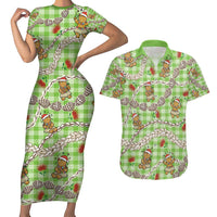 Green Palaka Hawaii Mele Kalikimaka Couples Matching Short Sleeve Bodycon Dress and Hawaiian Shirt Ohia Lehua Shell Leis Funny Gingerbread Santa - Polynesian Pride
