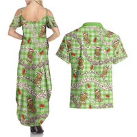 Green Palaka Hawaii Mele Kalikimaka Couples Matching Summer Maxi Dress and Hawaiian Shirt Ohia Lehua Shell Leis Funny Gingerbread Santa LT14 - Polynesian Pride