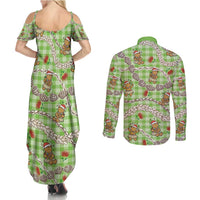 Green Palaka Hawaii Mele Kalikimaka Couples Matching Summer Maxi Dress and Long Sleeve Button Shirt Ohia Lehua Shell Leis Funny Gingerbread Santa LT14 - Polynesian Pride