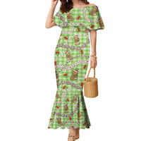 Green Palaka Hawaii Mele Kalikimaka Family Matching Mermaid Dress and Hawaiian Shirt Ohia Lehua Shell Leis Funny Gingerbread Santa LT14 Green - Polynesian Pride