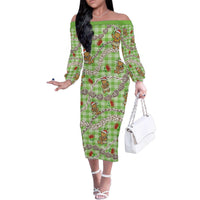 Green Palaka Hawaii Mele Kalikimaka Family Matching Off The Shoulder Long Sleeve Dress and Hawaiian Shirt Ohia Lehua Shell Leis Funny Gingerbread Santa LT14 Green - Polynesian Pride