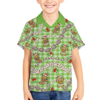 Green Palaka Hawaii Mele Kalikimaka Family Matching Off The Shoulder Long Sleeve Dress and Hawaiian Shirt Ohia Lehua Shell Leis Funny Gingerbread Santa LT14 - Polynesian Pride
