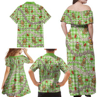 Green Palaka Hawaii Mele Kalikimaka Family Matching Off Shoulder Maxi Dress and Hawaiian Shirt Ohia Lehua Shell Leis Funny Gingerbread Santa - Polynesian Pride