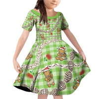 Green Palaka Hawaii Mele Kalikimaka Family Matching Off Shoulder Short Dress and Hawaiian Shirt Ohia Lehua Shell Leis Funny Gingerbread Santa LT14 Daughter's Dress Green - Polynesian Pride