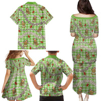 Green Palaka Hawaii Mele Kalikimaka Family Matching Puletasi and Hawaiian Shirt Ohia Lehua Shell Leis Funny Gingerbread Santa - Polynesian Pride