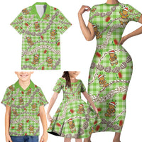 Green Palaka Hawaii Mele Kalikimaka Family Matching Short Sleeve Bodycon Dress and Hawaiian Shirt Ohia Lehua Shell Leis Funny Gingerbread Santa LT14 - Polynesian Pride