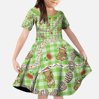 Green Palaka Hawaii Mele Kalikimaka Kid Short Sleeve Dress Ohia Lehua Shell Leis Funny Gingerbread Santa - Polynesian Pride