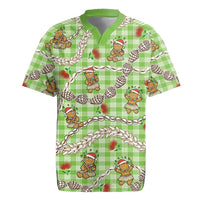 Green Palaka Hawaii Mele Kalikimaka Rugby Jersey Ohia Lehua Shell Leis Funny Gingerbread Santa - Polynesian Pride
