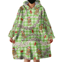 Green Palaka Hawaii Mele Kalikimaka Wearable Blanket Hoodie Ohia Lehua Shell Leis Funny Gingerbread Santa - Polynesian Pride