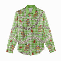 Green Palaka Hawaii Mele Kalikimaka Women Casual Shirt Ohia Lehua Shell Leis Funny Gingerbread Santa - Polynesian Pride