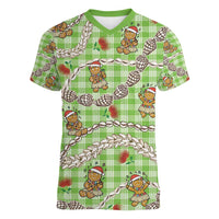 Green Palaka Hawaii Mele Kalikimaka Women V-Neck T-Shirt Ohia Lehua Shell Leis Funny Gingerbread Santa - Polynesian Pride
