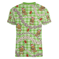 Green Palaka Hawaii Mele Kalikimaka Women V-Neck T-Shirt Ohia Lehua Shell Leis Funny Gingerbread Santa LT14 - Polynesian Pride