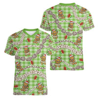 Green Palaka Hawaii Mele Kalikimaka Women V-Neck T-Shirt Ohia Lehua Shell Leis Funny Gingerbread Santa LT14 - Polynesian Pride
