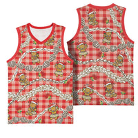Red Palaka Hawaii Mele Kalikimaka Basketball Jersey Ohia Lehua Shell Leis Funny Gingerbread Santa - Polynesian Pride