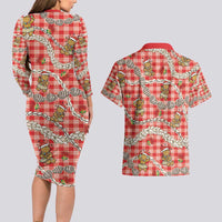 Red Palaka Hawaii Mele Kalikimaka Couples Matching Long Sleeve Bodycon Dress and Hawaiian Shirt Ohia Lehua Shell Leis Funny Gingerbread Santa LT14 - Polynesian Pride