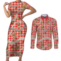 Red Palaka Hawaii Mele Kalikimaka Couples Matching Short Sleeve Bodycon Dress and Long Sleeve Button Shirt Ohia Lehua Shell Leis Funny Gingerbread Santa LT14 Red - Polynesian Pride