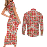 Red Palaka Hawaii Mele Kalikimaka Couples Matching Short Sleeve Bodycon Dress and Long Sleeve Button Shirt Ohia Lehua Shell Leis Funny Gingerbread Santa LT14 - Polynesian Pride