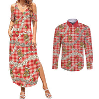 Red Palaka Hawaii Mele Kalikimaka Couples Matching Summer Maxi Dress and Long Sleeve Button Shirt Ohia Lehua Shell Leis Funny Gingerbread Santa LT14 Red - Polynesian Pride