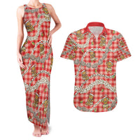 Red Palaka Hawaii Mele Kalikimaka Couples Matching Tank Maxi Dress and Hawaiian Shirt Ohia Lehua Shell Leis Funny Gingerbread Santa LT14 Red - Polynesian Pride