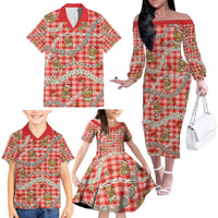 Red Palaka Hawaii Mele Kalikimaka Family Matching Off The Shoulder Long Sleeve Dress and Hawaiian Shirt Ohia Lehua Shell Leis Funny Gingerbread Santa - Polynesian Pride