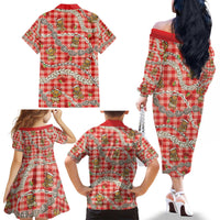 Red Palaka Hawaii Mele Kalikimaka Family Matching Off The Shoulder Long Sleeve Dress and Hawaiian Shirt Ohia Lehua Shell Leis Funny Gingerbread Santa - Polynesian Pride