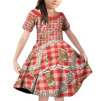 Red Palaka Hawaii Mele Kalikimaka Family Matching Off Shoulder Short Dress and Hawaiian Shirt Ohia Lehua Shell Leis Funny Gingerbread Santa LT14 Daughter's Dress Red - Polynesian Pride
