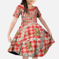 Red Palaka Hawaii Mele Kalikimaka Kid Short Sleeve Dress Ohia Lehua Shell Leis Funny Gingerbread Santa - Polynesian Pride