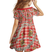 Red Palaka Hawaii Mele Kalikimaka Kid Short Sleeve Dress Ohia Lehua Shell Leis Funny Gingerbread Santa - Polynesian Pride