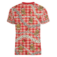 Red Palaka Hawaii Mele Kalikimaka Women V-Neck T-Shirt Ohia Lehua Shell Leis Funny Gingerbread Santa LT14 - Polynesian Pride