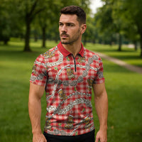 Red Palaka Hawaii Mele Kalikimaka Zipper Polo Shirt Ohia Lehua Shell Leis Funny Gingerbread Santa - Polynesian Pride